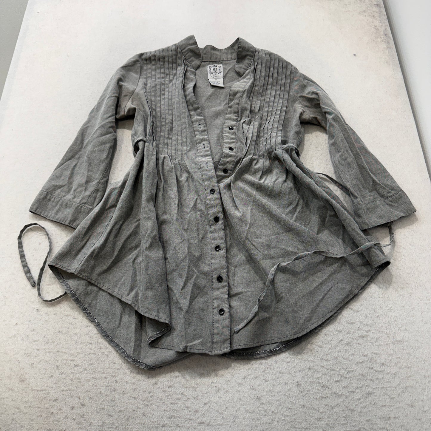 Voice Women's Gray Cotton Blend Tunic Top High Low Tie Pintuck Button Front - M
