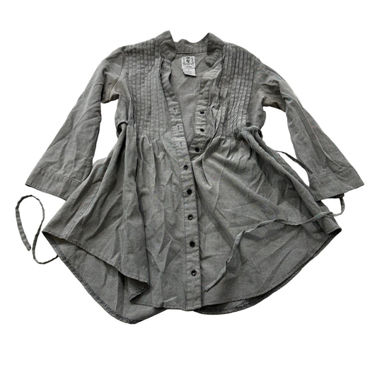 Voice Women's Gray Cotton Blend Tunic Top High Low Tie Pintuck Button Front - M