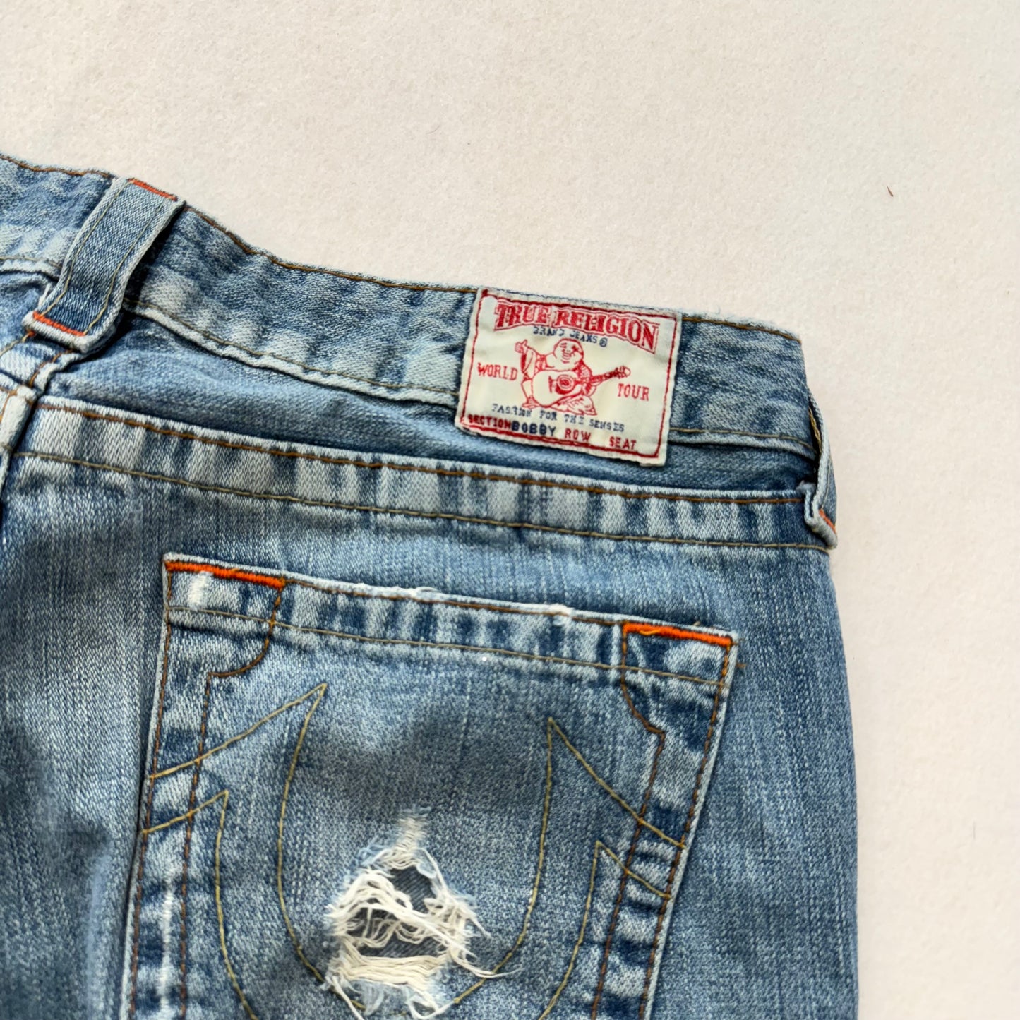 True Religion Blue Denim Cropped Flare Distressed Jeans Raw Hem Low Rise Size 30