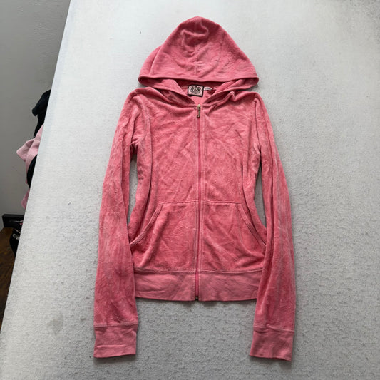 Vintage Juicy Couture Women's Pink Velour Full Zip Hoodie Graphic Pockets Size L
