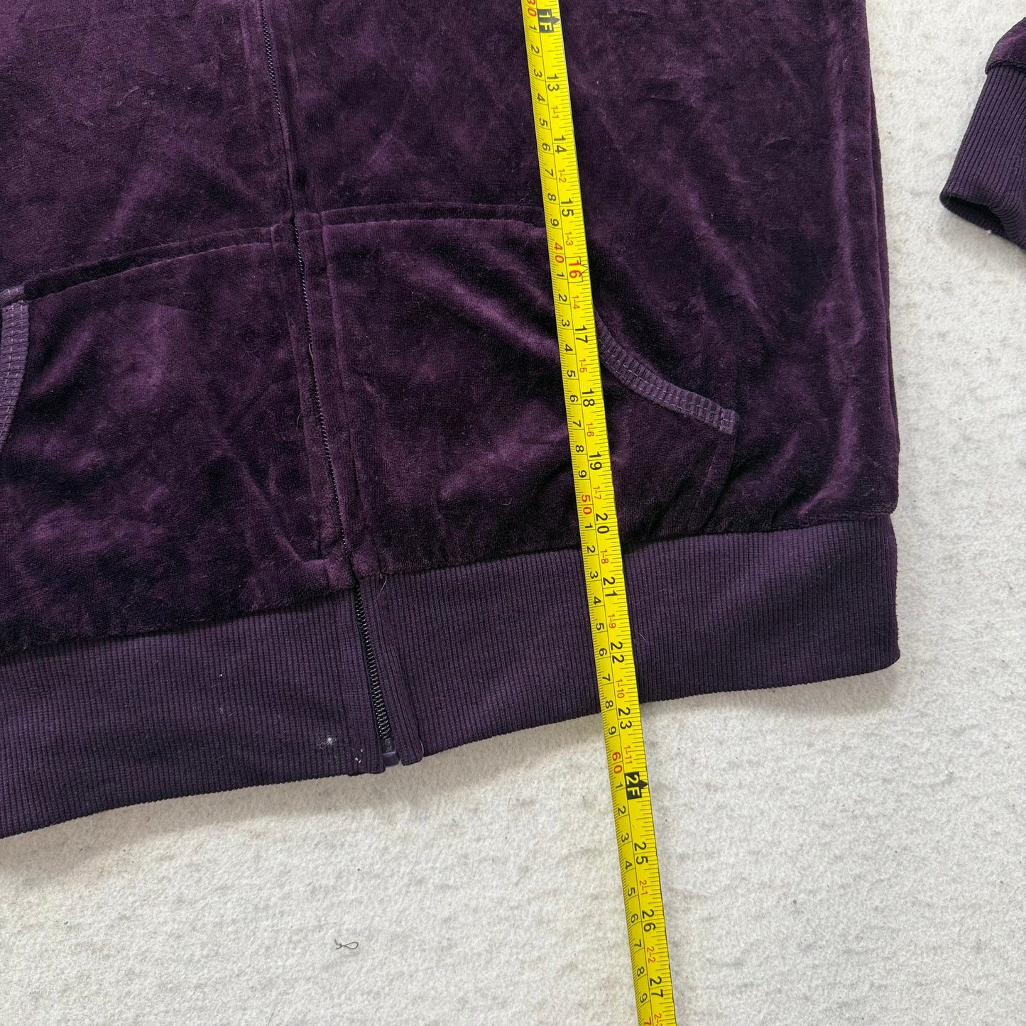 Bebe Women's Deep Purple Velour Zip-Up Hoodie Rhinestones Logo Pockets Size XL