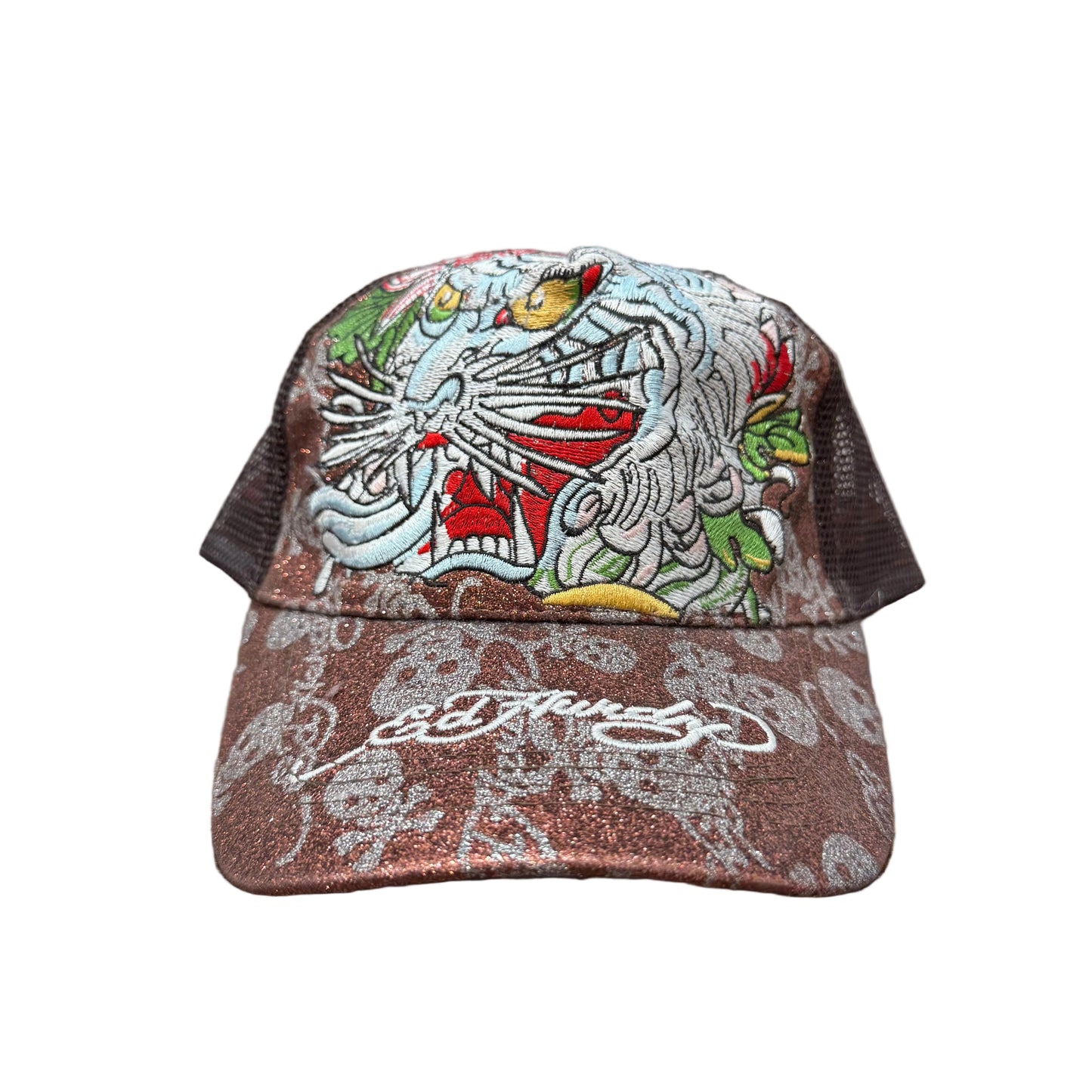 Ed Hardy Tiger Men's Brown Glitter Mesh Trucker Hat Embroidered Snapback Cap
