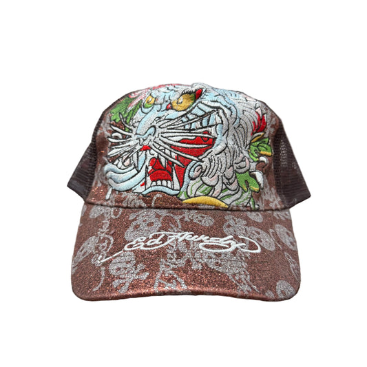 Ed Hardy Tiger Men's Brown Glitter Mesh Trucker Hat Embroidered Snapback Cap