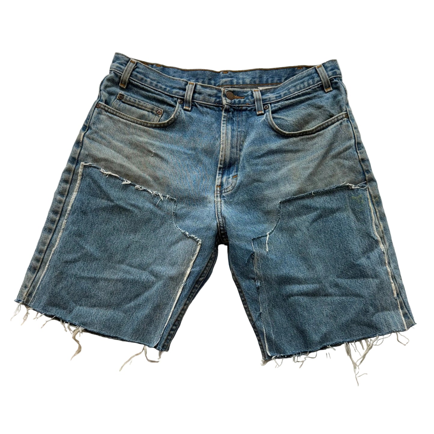 Kirkland Men's Medium Blue Denim Double Knee Cut-Off Shorts Frayed Hem Size 34