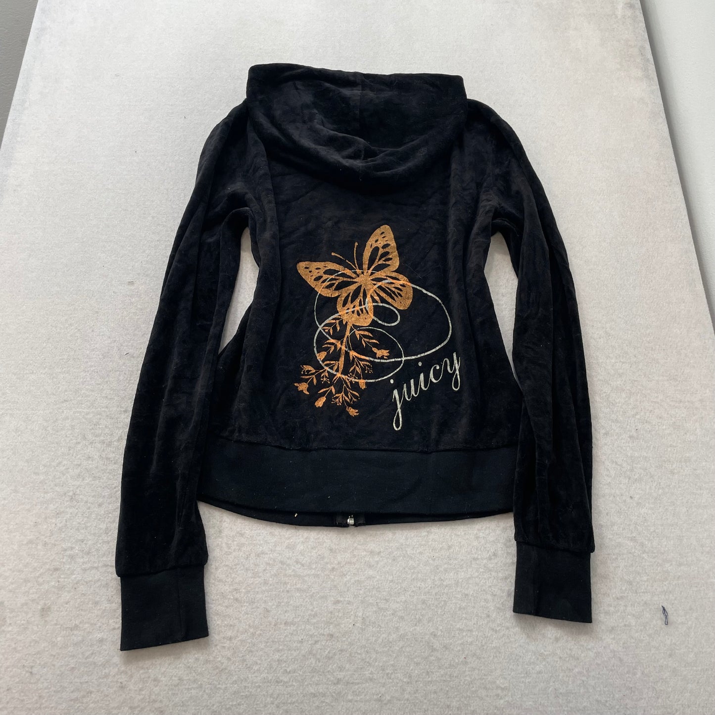 Vtg Juicy Couture Womens Black Velour Tracksuit Set Graphic Hoodie & Pant Size L