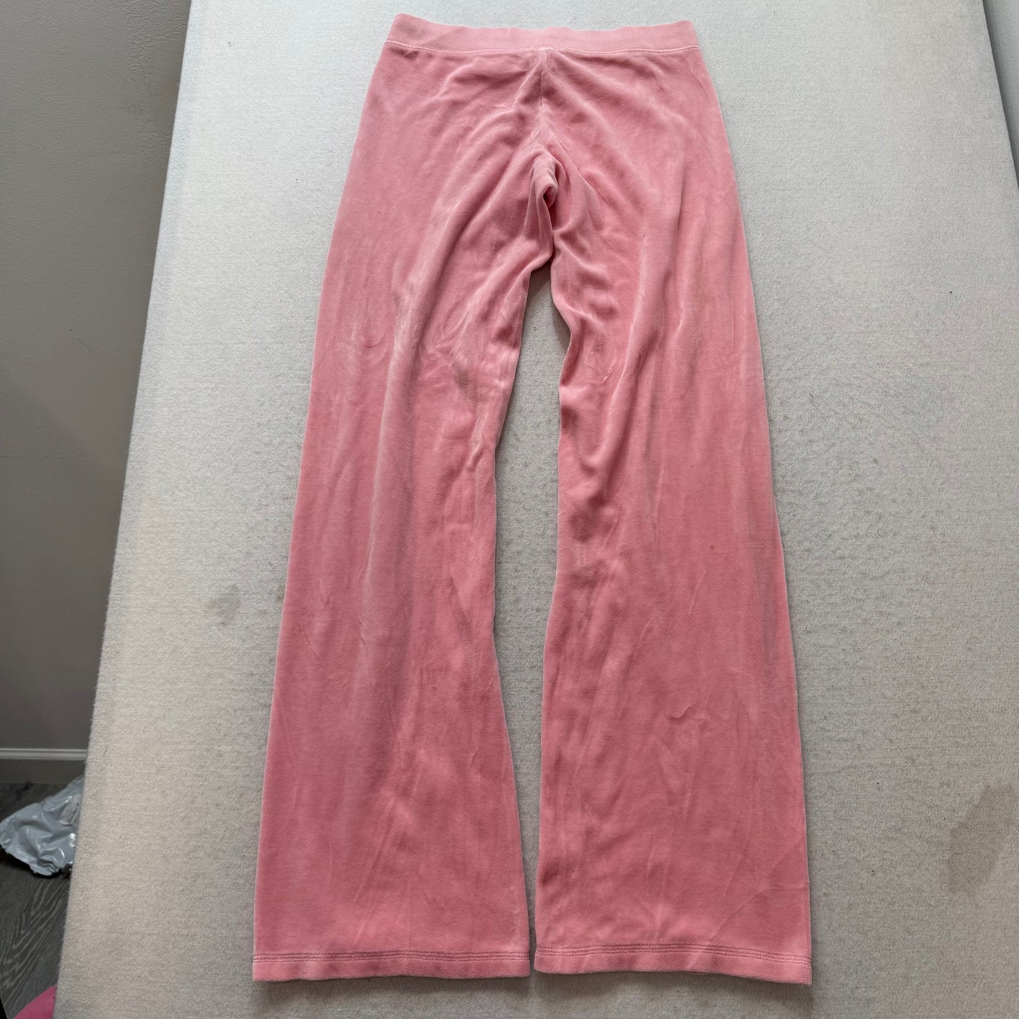 Vintage Juicy Couture Women's Pink Velour Flared Track Pants Glitter Logo Size S