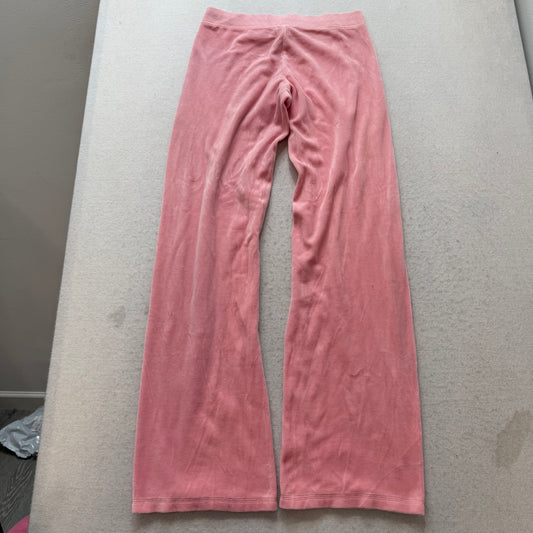 Vintage Juicy Couture Women's Pink Velour Flared Track Pants Glitter Logo Size S