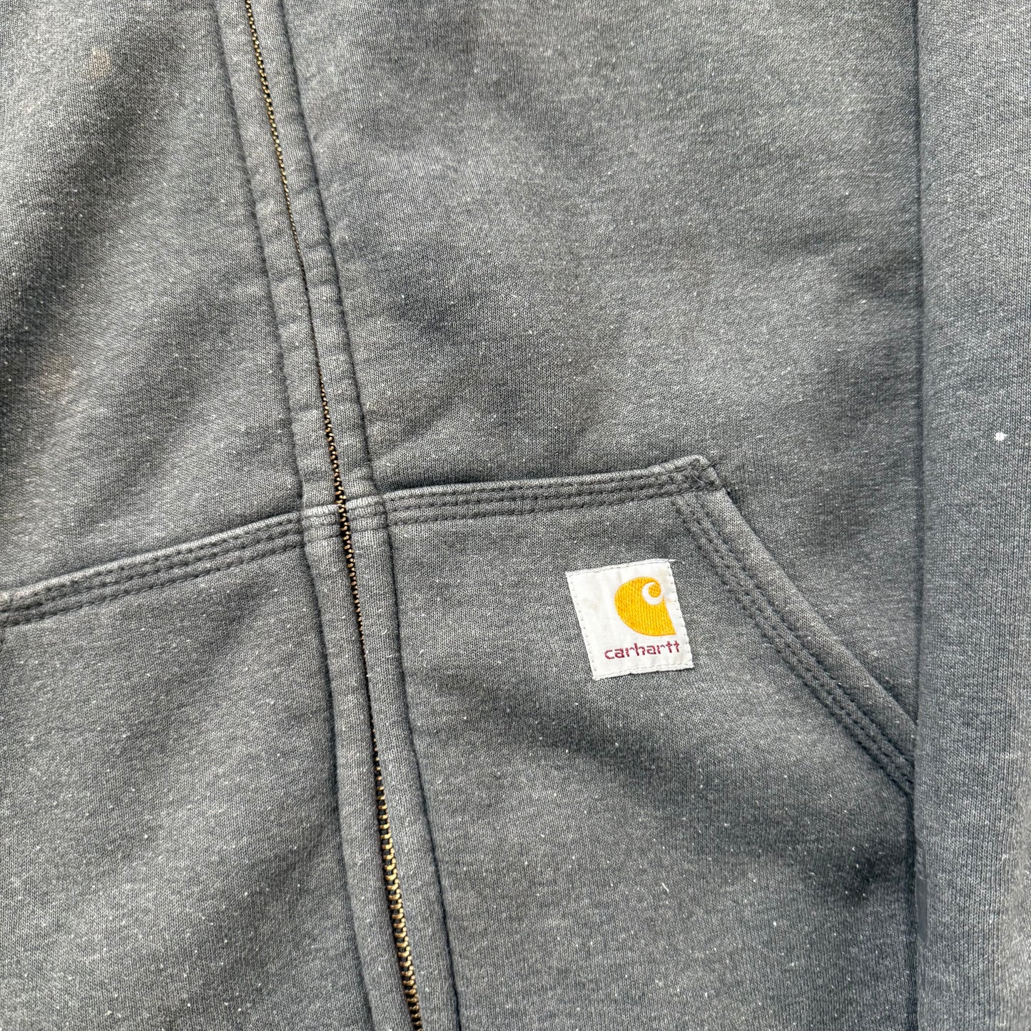 Carhartt Men Dark Gray Cotton Full Zip Hoodie Split Kangaroo Pocket Logo Size XL