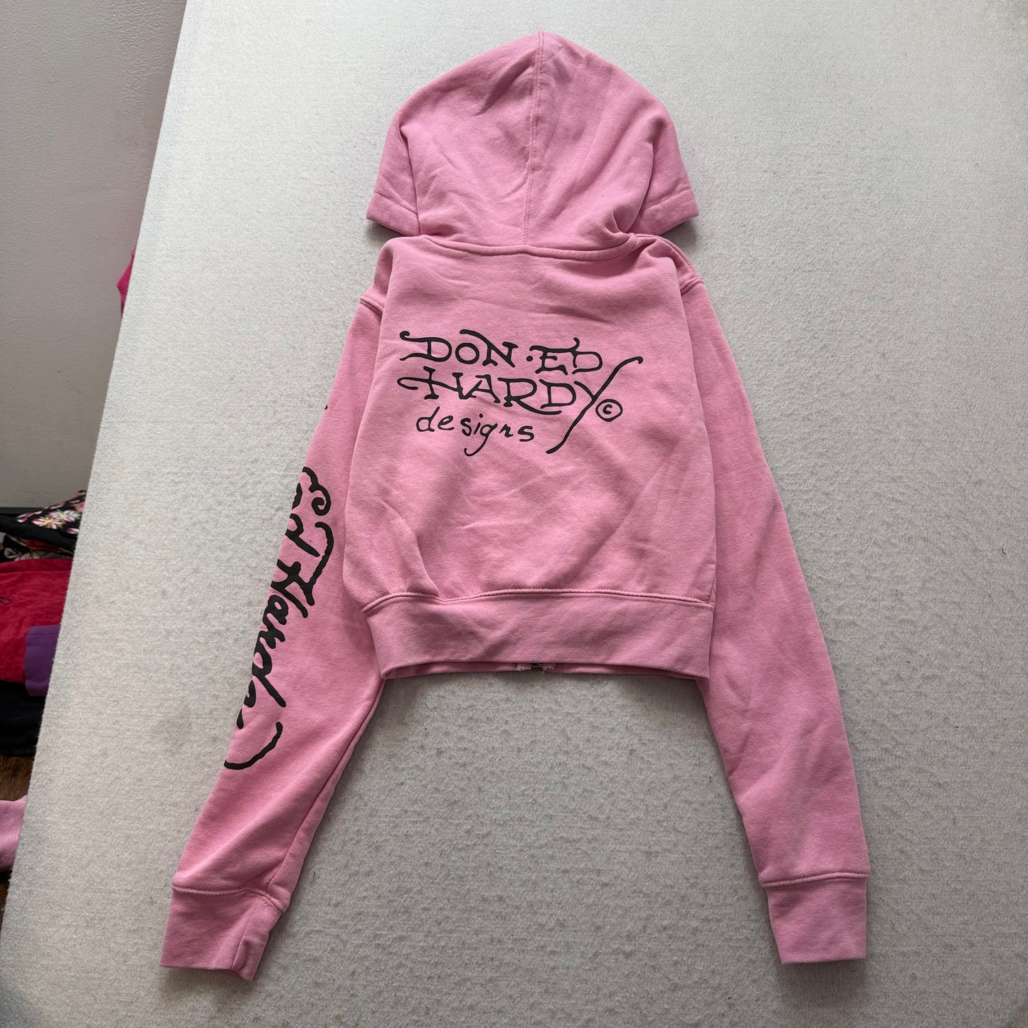 Ed Hardy Skull Eagle Women's Pink Zip-Up Cropped Hoodie Tattoo Graphic Size S