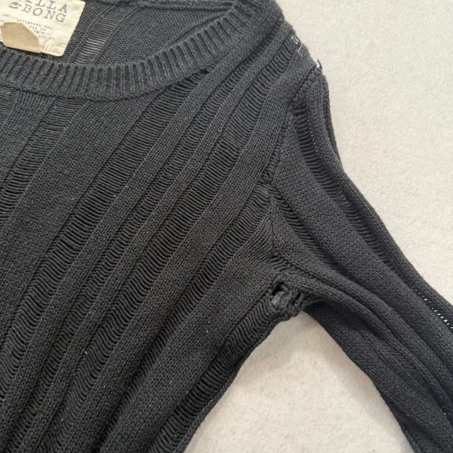 Billabong Black Knitted Distressed Pull-Over Sweater High-Low Hem Size L