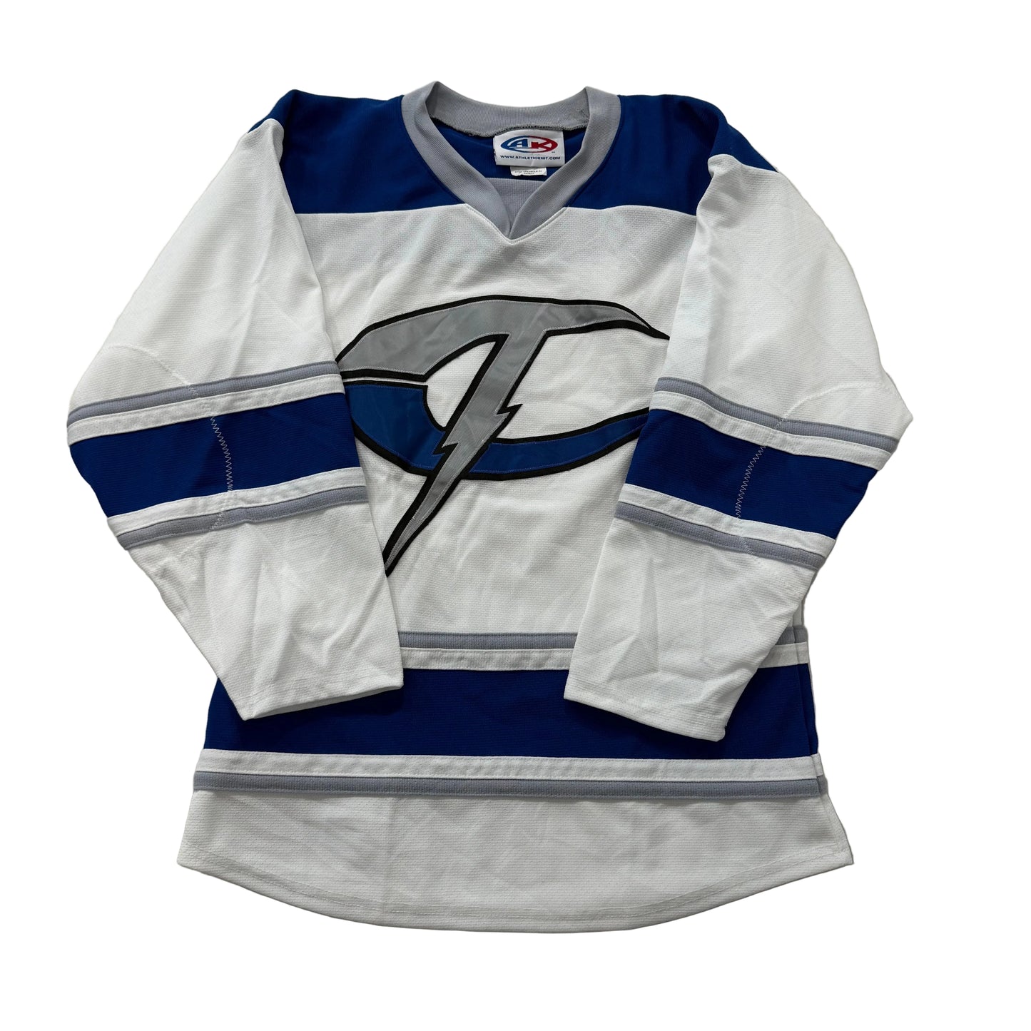Athletic Knit White & Blue Lightning Bolt Graphic Hockey Jersey V-Neck Size S