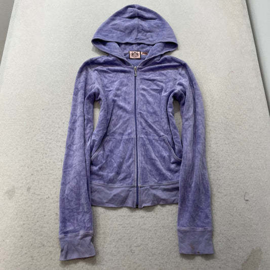Vintage Juicy Couture Women's Purple Velour Zip-Up Hoodie Glitter Logo Size L