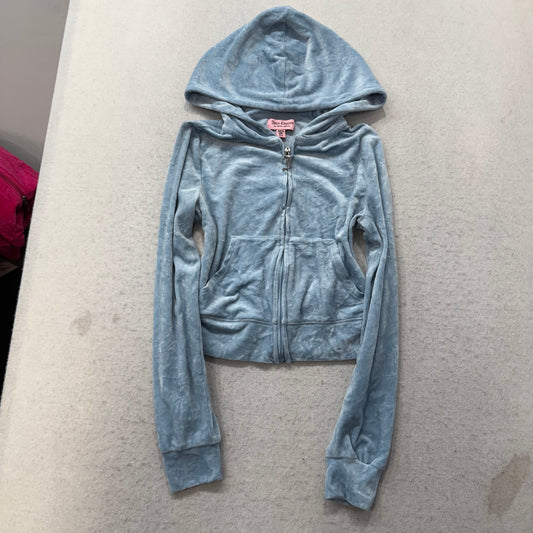 Juicy Couture Women's Ice Blue Velour Full Zip Hoodie Rhinestone Logo Size XS