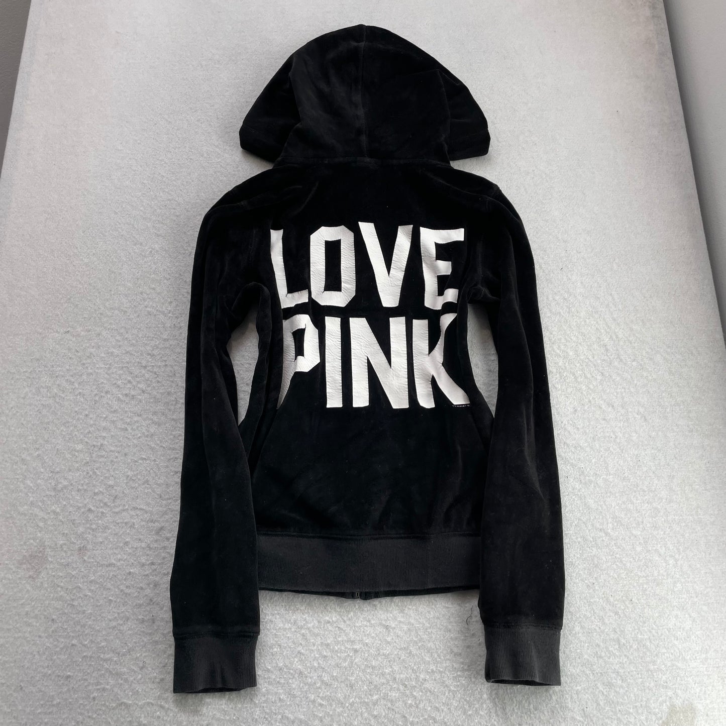 Victoria's Secret PINK Women Black Velour Zip-Up Hoodie LOVE PINK Graphic Size S