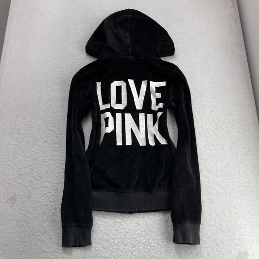 Victoria's Secret PINK Women Black Velour Zip-Up Hoodie LOVE PINK Graphic Size S