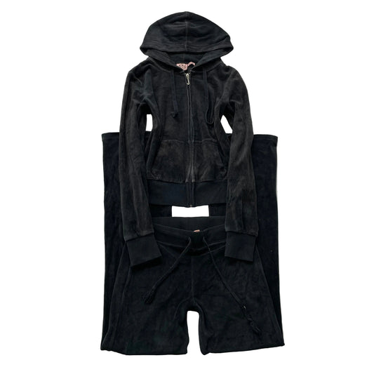 Vintage Juicy Couture Women's Black Velour Tracksuit Set Hoodie & Pant Size S