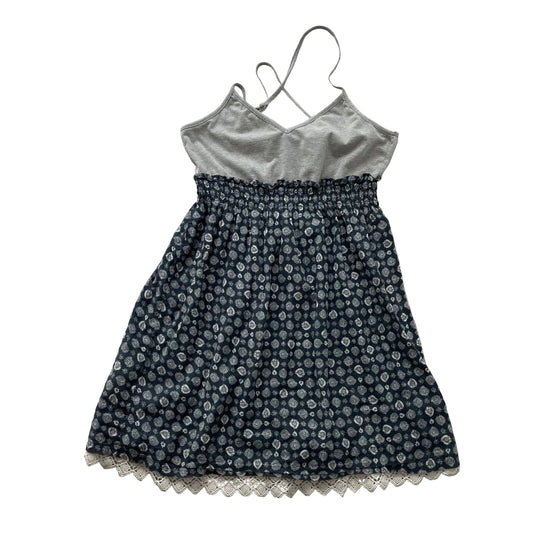 Roxy Womens Grey Black All Over Print Smocked Cami Dress Lace Hem Casual Size L