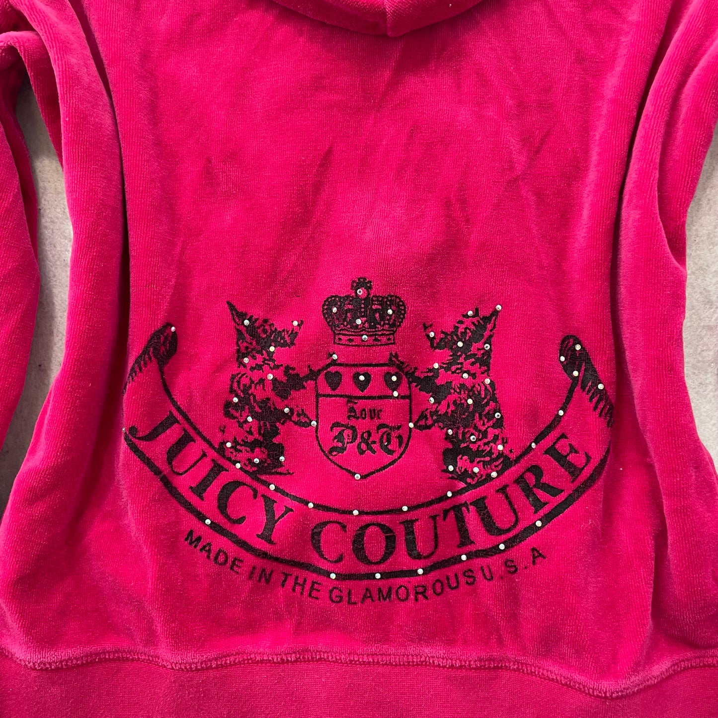Juicy Couture Women's Raspberry Velour Zip Up Hoodie Rhinestones Logo Y2K Size M