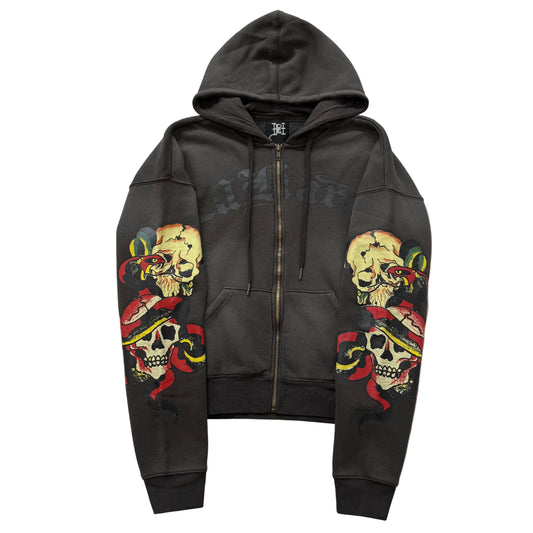 ED HARDY “Skulls” CHARCOAL SUNFADED BOXY ZIP UP HOODIE