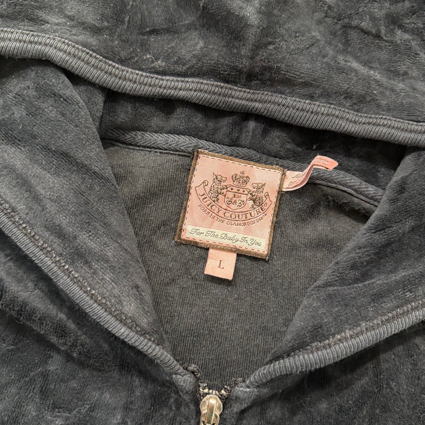 Vintage Juicy Couture Women's Black Velour Zip Up Hoodie Long Sleeves Y2K Size L