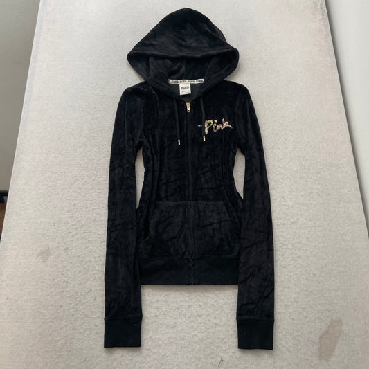 Victoria's Secret PINK Womens Black Velour Zip-Up Hoodie Sequin Back Logo Size S