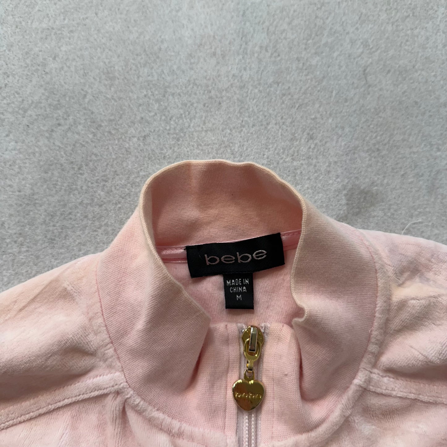 Bebe Women's Pastel Pink Velour Full Zip Track Jacket Rhinestones Logo Size M