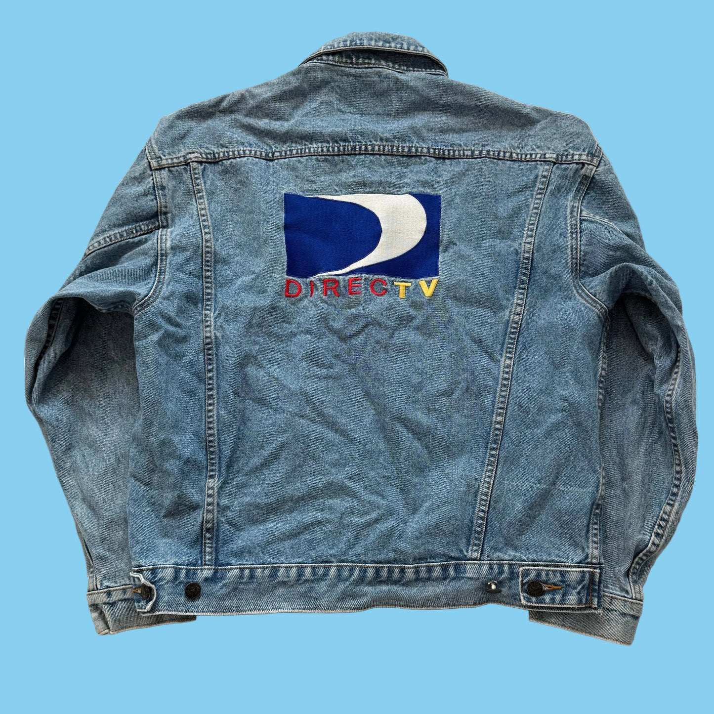 Vtg Butterfield Stage DirecTV Men's Blue Light Wash Denim Trucker Jacket Size L