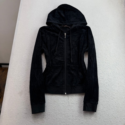 Juicy Couture Women Black Velour Tracksuit Set Zip-Up Hoodie & Flare Pant Size M