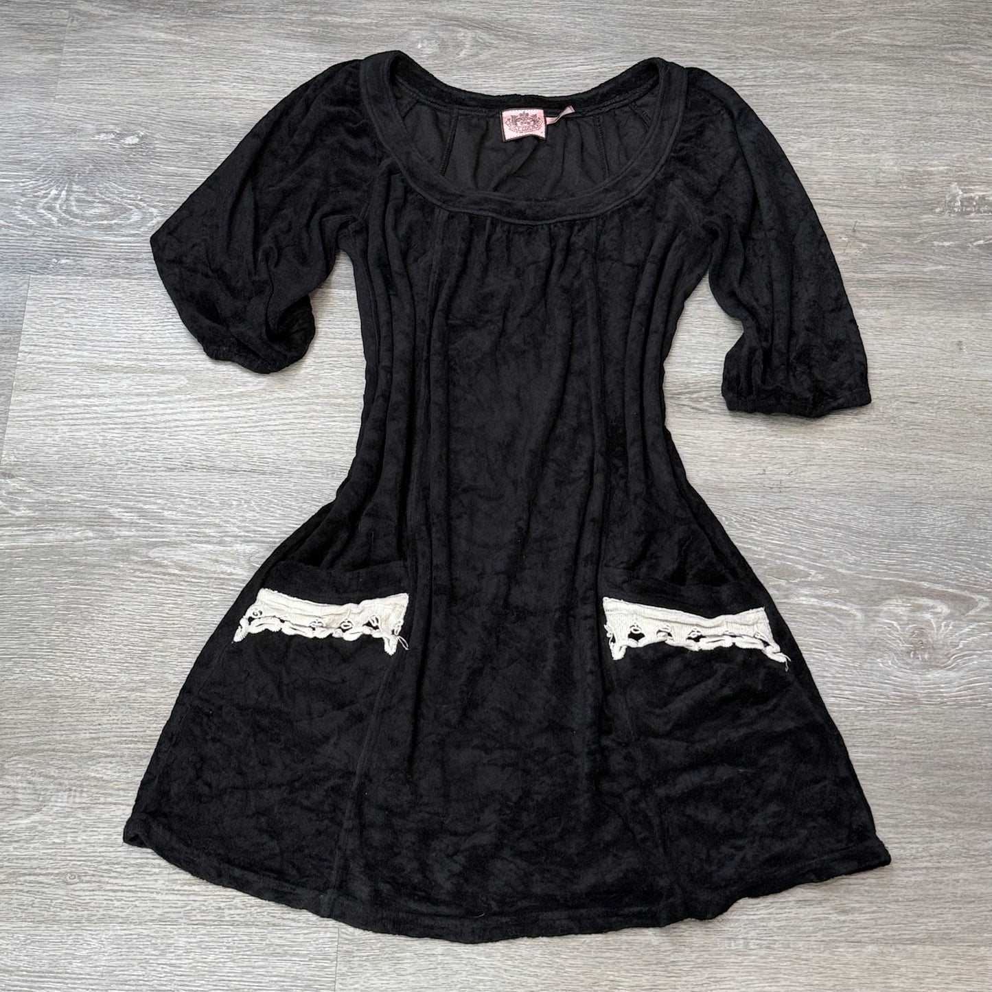 Juicy Couture Women's Black Terry Cloth Zip-Up Mini Dress Lace Loungewear Size P