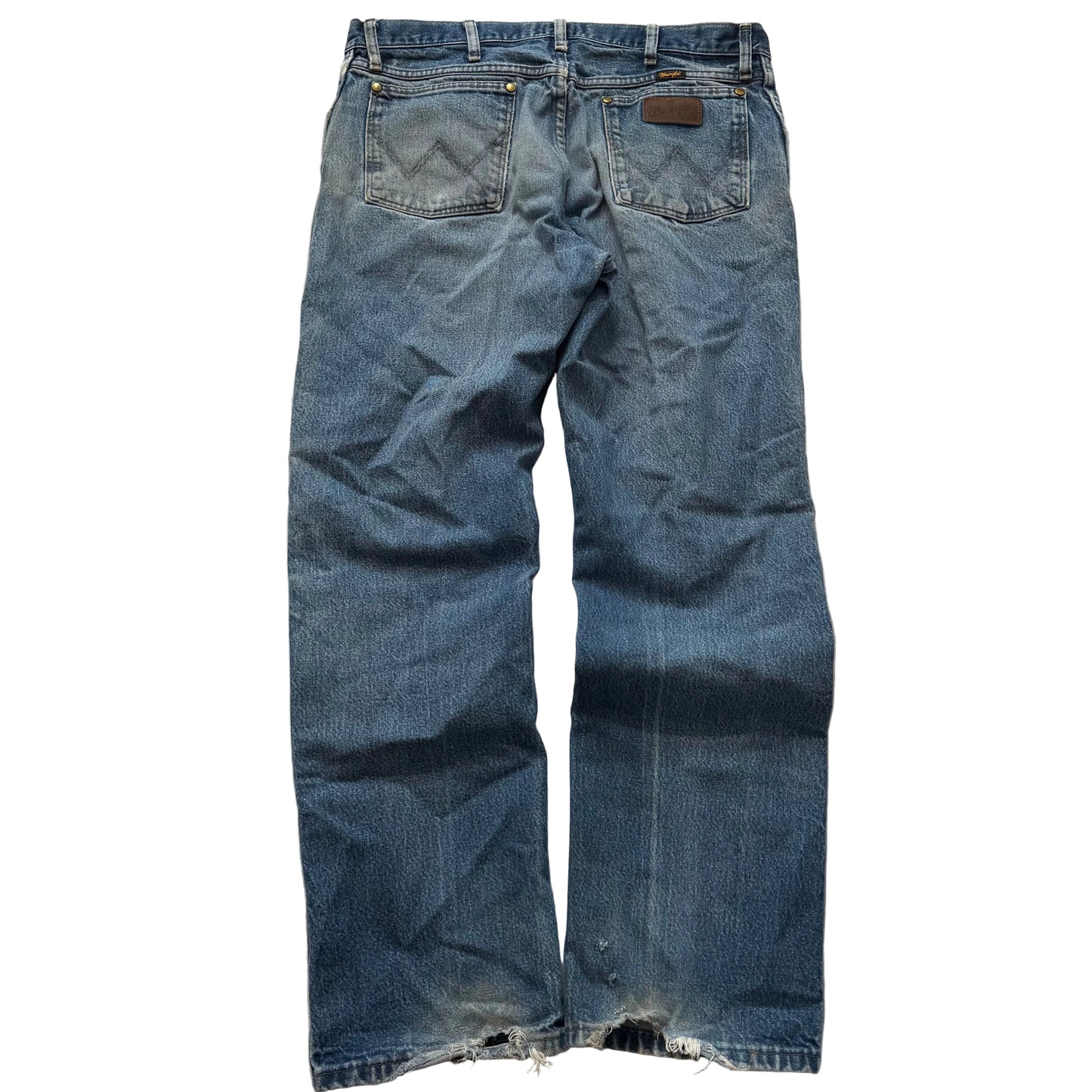 Wrangler 47MWZ Men's Blue Denim Jeans Medium Wash Distressed Regular Fit Size 36