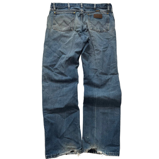 Wrangler 47MWZ Men's Blue Denim Jeans Medium Wash Distressed Regular Fit Size 36