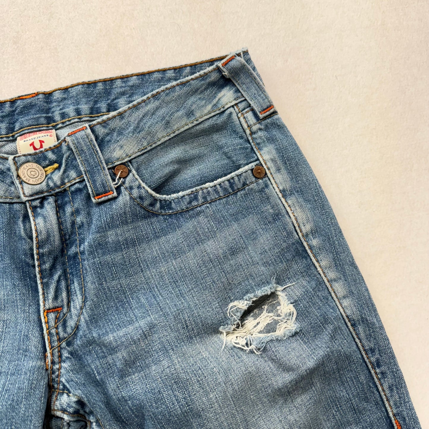 True Religion Blue Denim Cropped Flare Distressed Jeans Raw Hem Low Rise Size 30