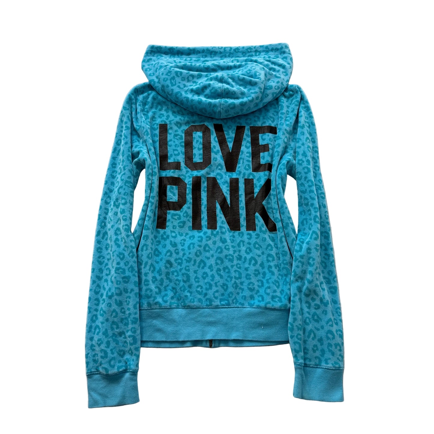 Victoria's Secret PINK Womens Bright Cyan Leopard Print Velour Zip-Up Hoodie - L