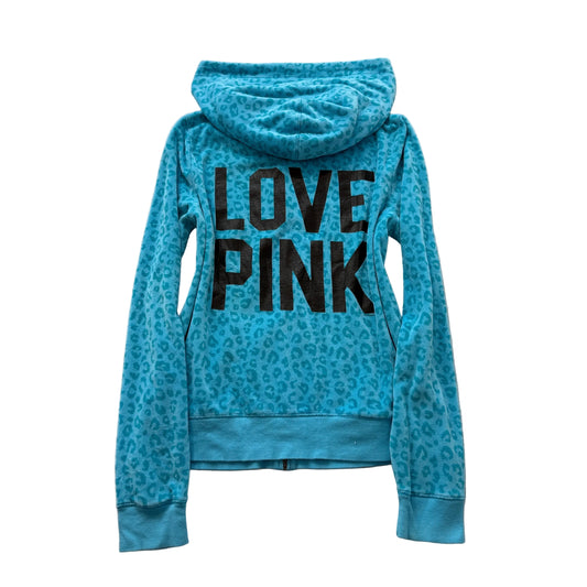 Victoria's Secret PINK Womens Bright Cyan Leopard Print Velour Zip-Up Hoodie - L