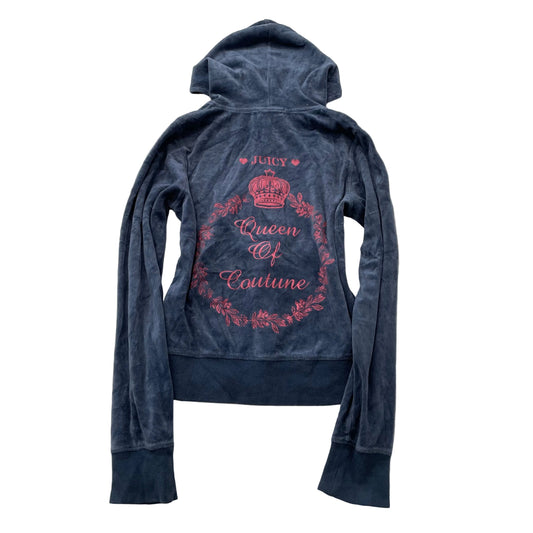Vintage Juicy Couture Queen of Couture Womens Dark Blue Velour Hoodie Y2k Size L