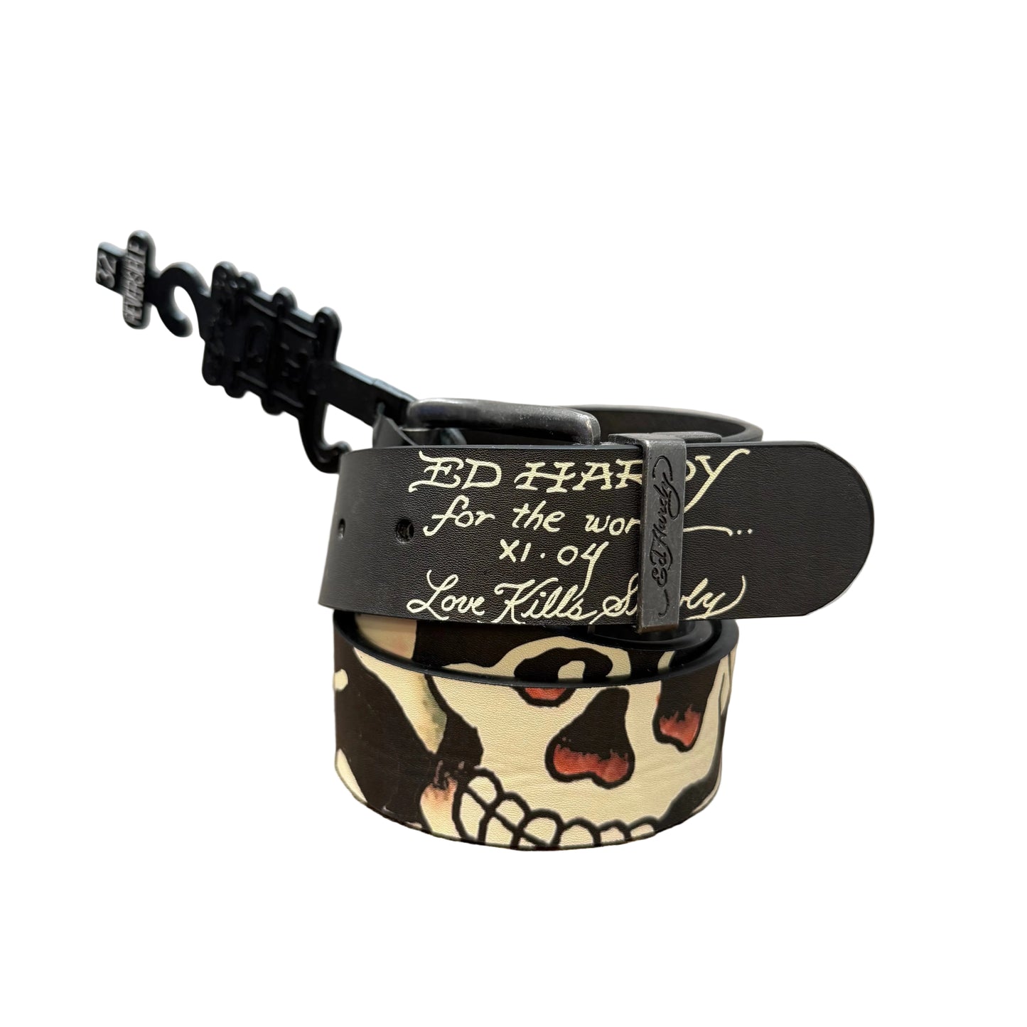 Ed Hardy Love Kills Slowly Unisex Black Skull Graphic Reversible Belt Size 32