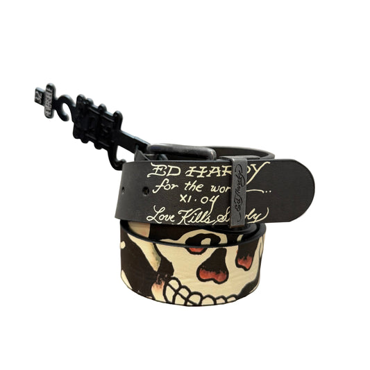 Ed Hardy Love Kills Slowly Unisex Black Skull Graphic Reversible Belt Size 32