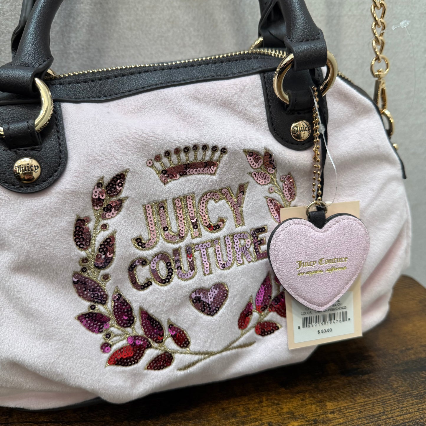 Vintage Juicy Couture pink velour rhinestone satchel bag Y2K heart charm