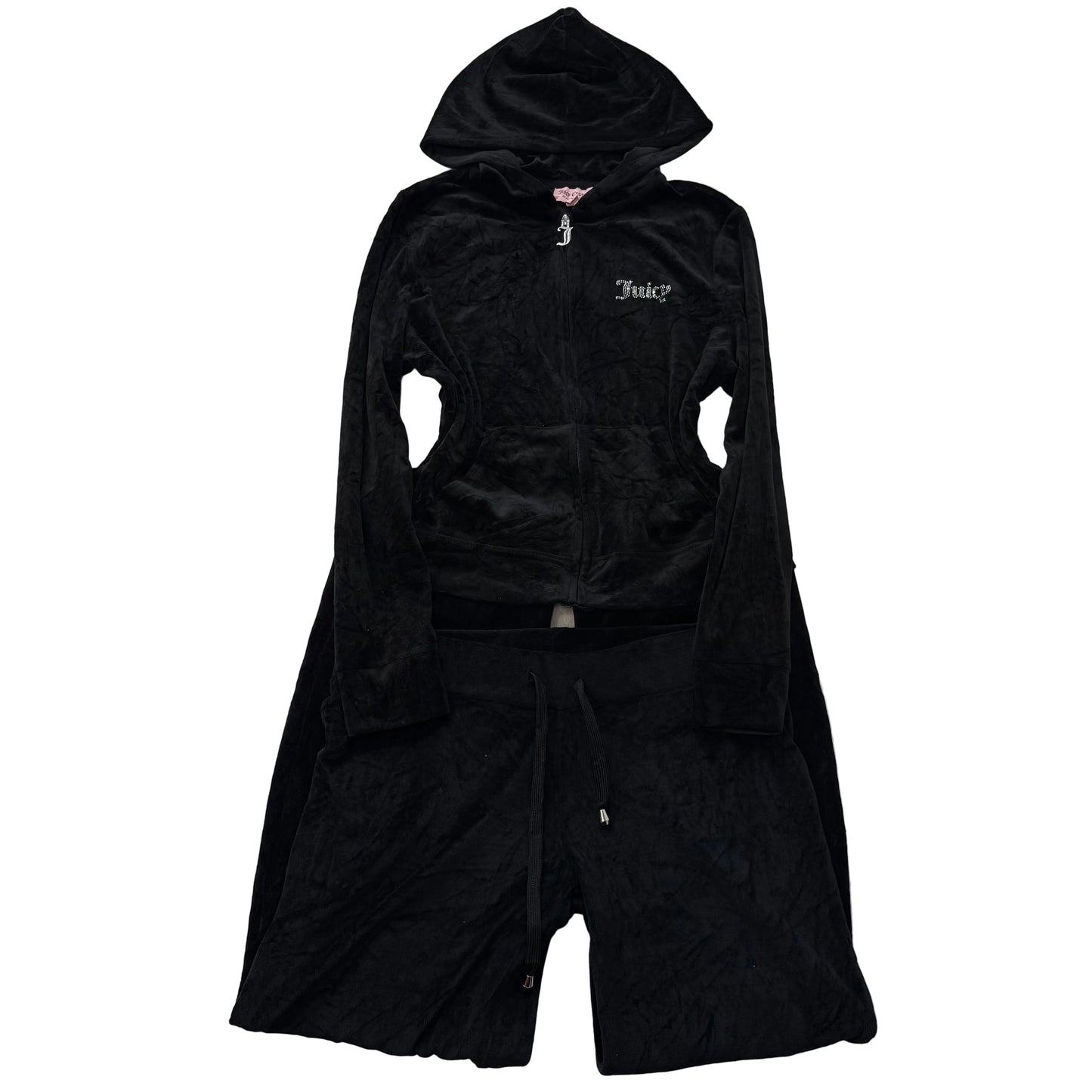 Juicy Couture Jet Black Velour Tracksuit Set Zip Up Hoodie & Flared Pant Size L