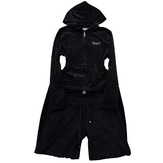 Juicy Couture Jet Black Velour Tracksuit Set Zip Up Hoodie & Flared Pant Size L
