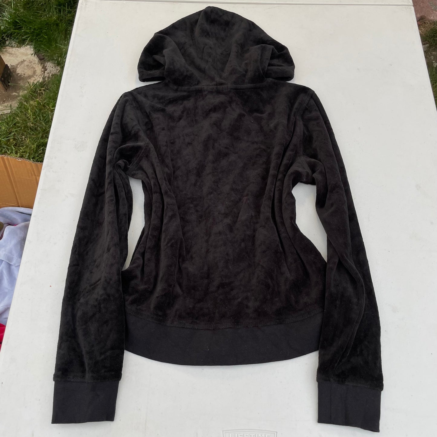 Juicy Couture Women's Black Velour Full Zip Hoodie Drawstring Pockets Y2k Size M