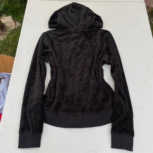 Juicy Couture Women's Black Velour Full Zip Hoodie Drawstring Pockets Y2k Size M
