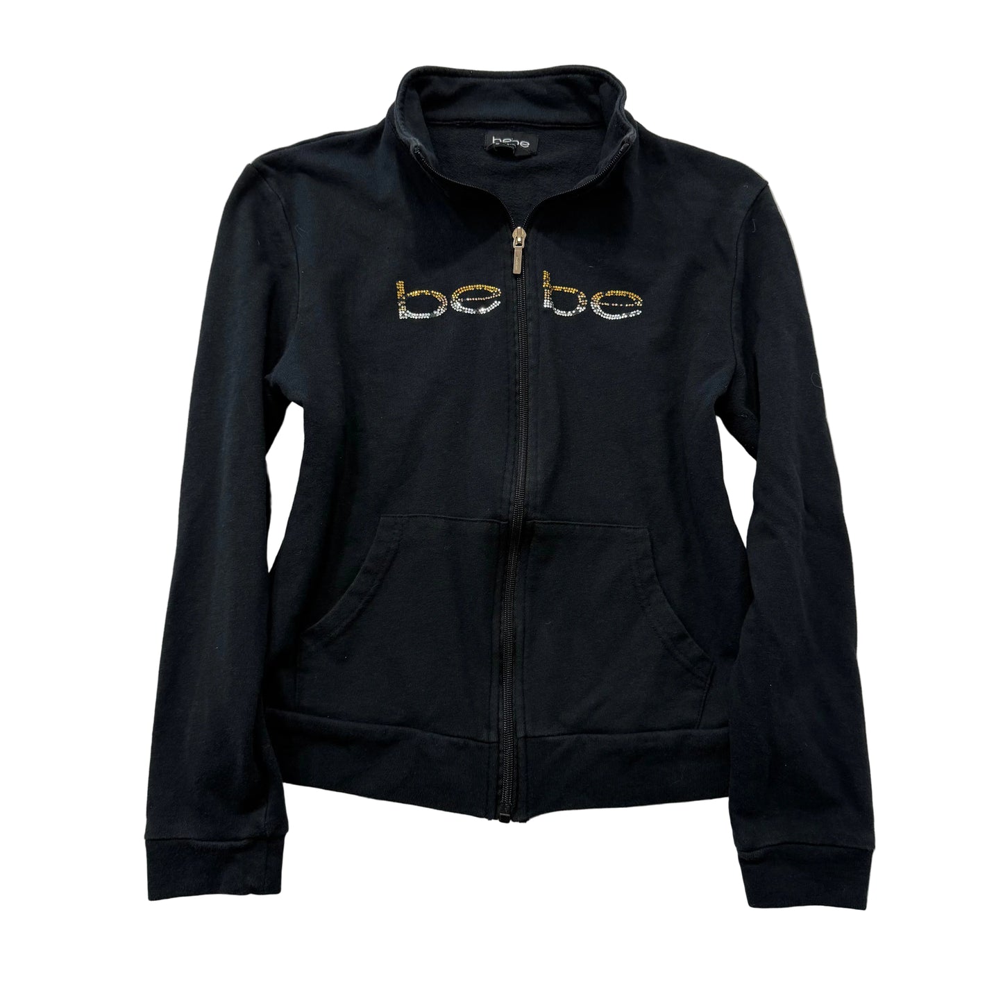 Bebe Women's Black Cotton Zip Up Track Jacket Rhinestone Logo Streetwear Size M