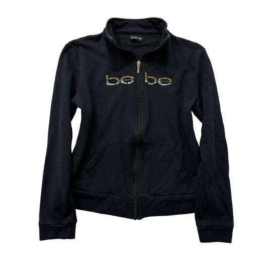 Bebe Women's Black Cotton Zip Up Track Jacket Rhinestone Logo Streetwear Size M
