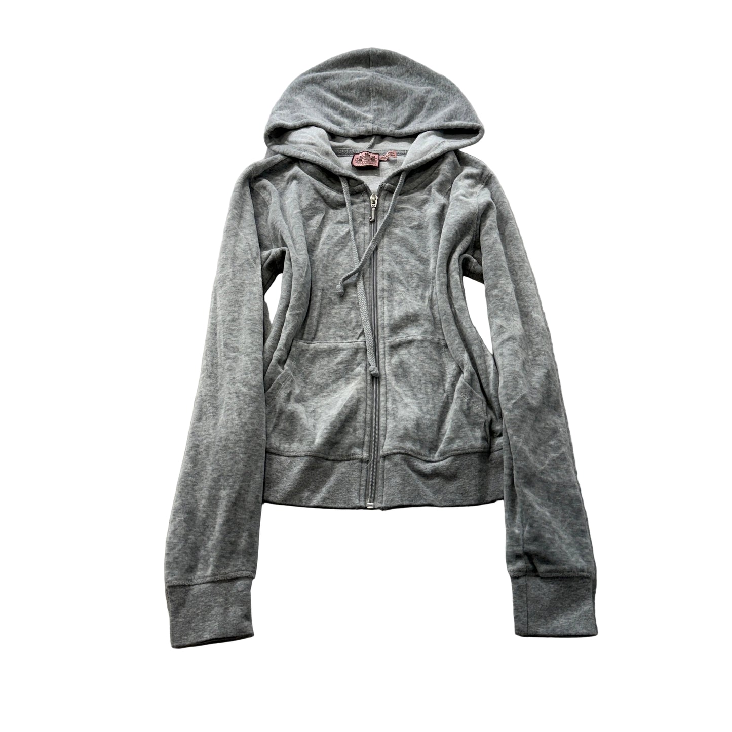 Vintage Juicy Couture Women's Grey Velour Zip-Up Hoodie Drawstring Pocket Size S