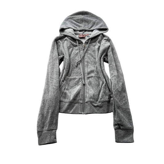 Vintage Juicy Couture Women's Grey Velour Zip-Up Hoodie Drawstring Pocket Size S