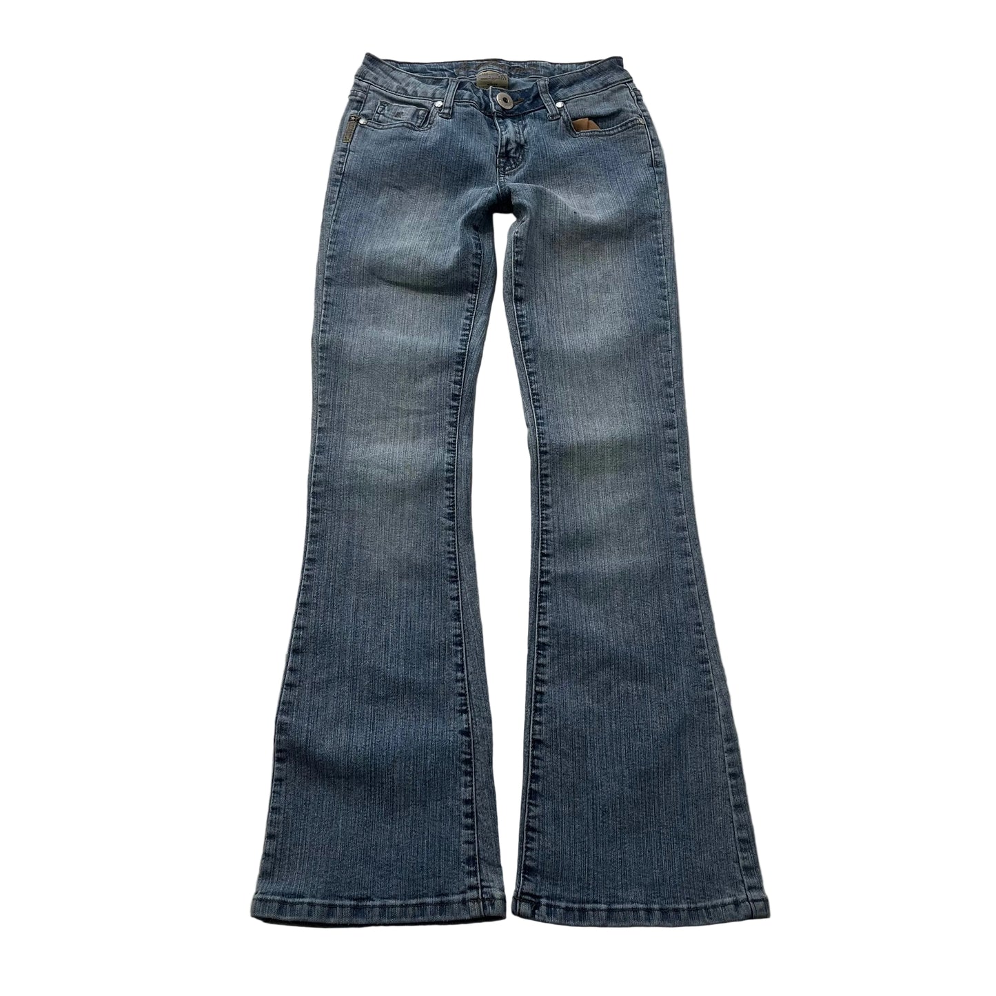 Bubblegum Women's Blue Denim Flare Leg Jeans Low Rise Embroidered Y2K Size 3/4