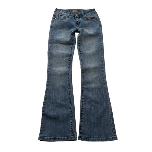 Bubblegum Women's Blue Denim Flare Leg Jeans Low Rise Embroidered Y2K Size 3/4