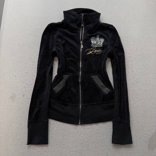 Juicy Couture Women's Black Velour Track Jacket Rhinestone Crown Graphic Size M