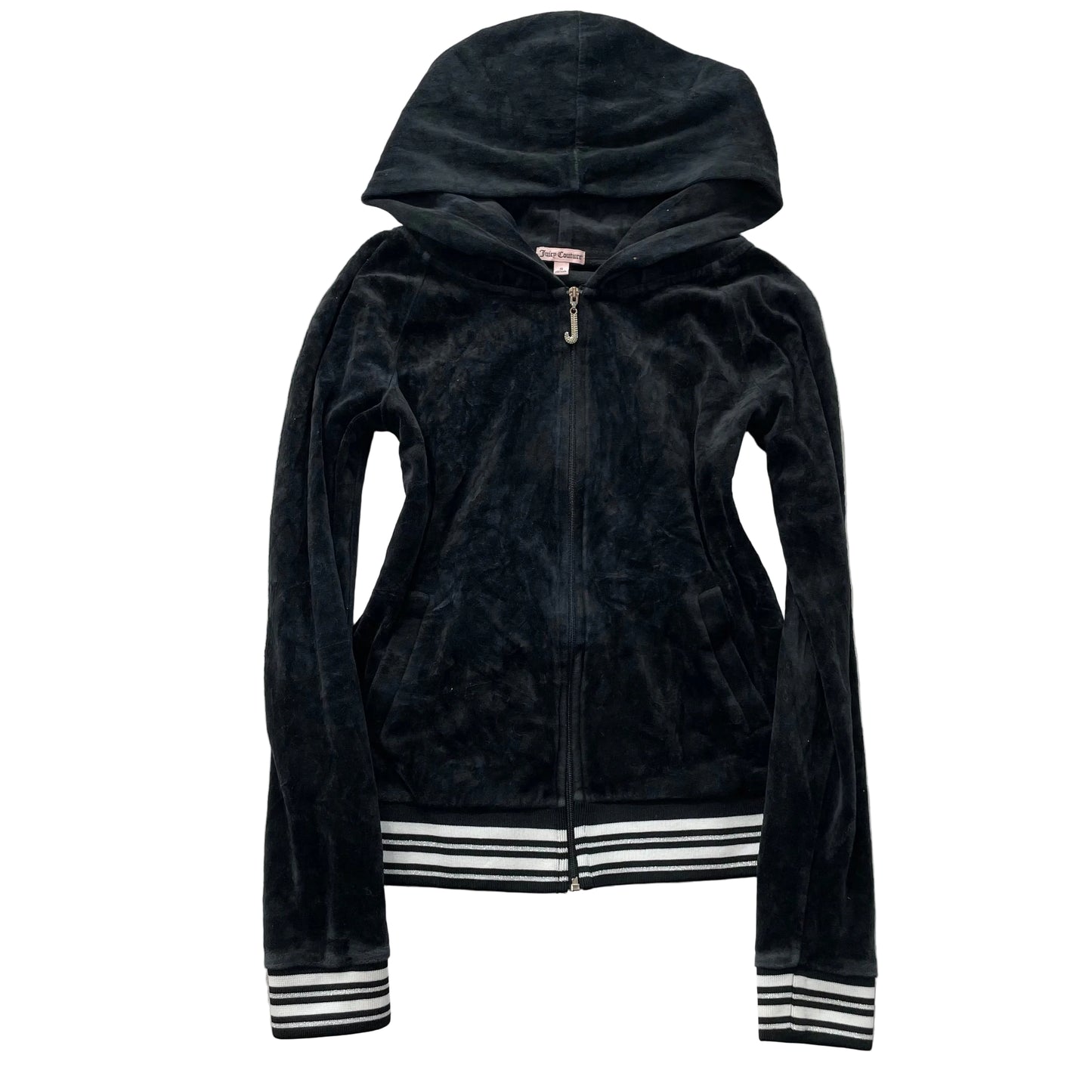 Juicy Couture Womens Black Velour Zip-Up Hoodie Striped Cuffs and Hem Y2k Size S